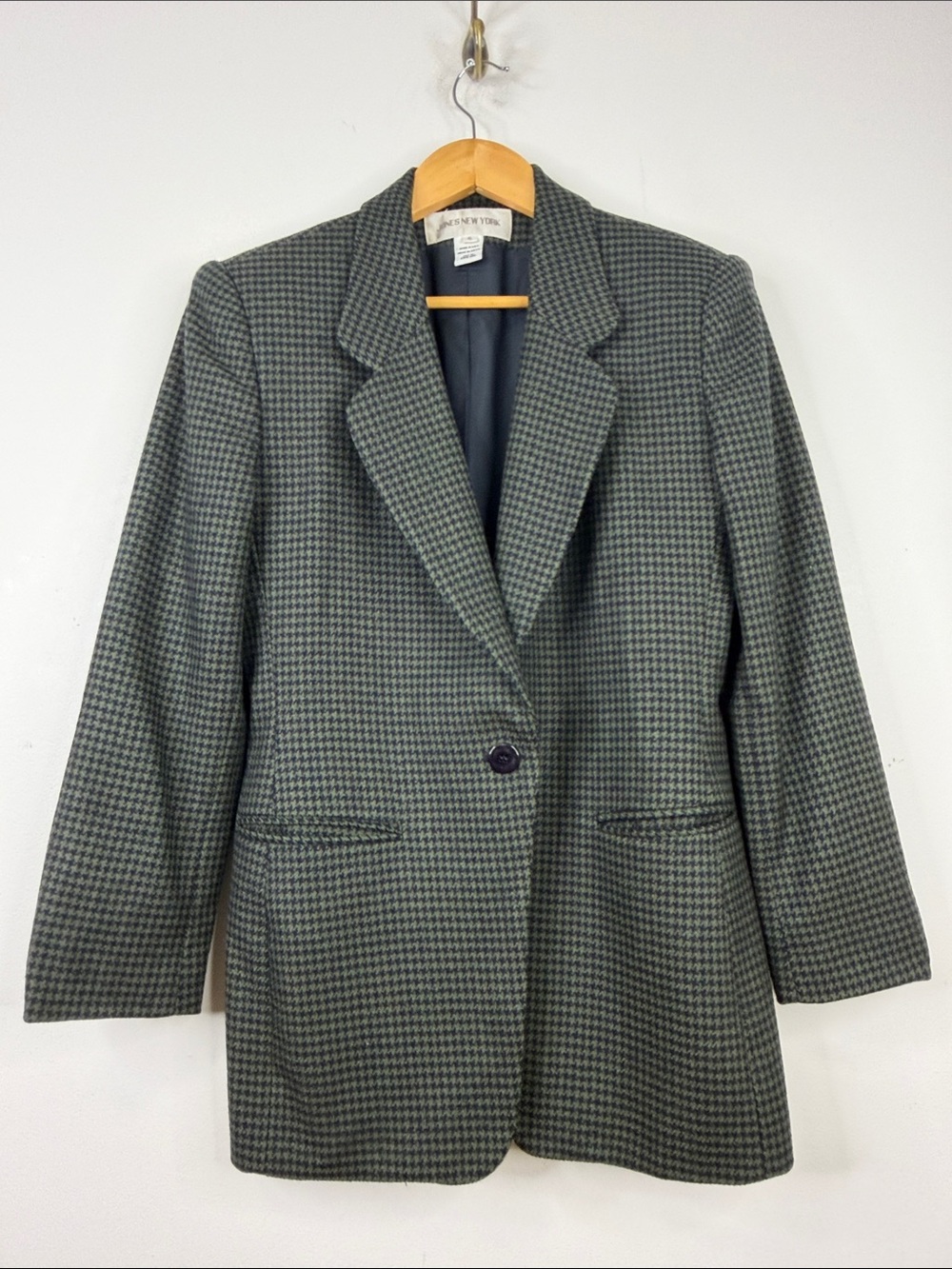 Vintage Blazer Womens 6 Navy Blue Green Houndstooth Wool 80s Preppy Menswear